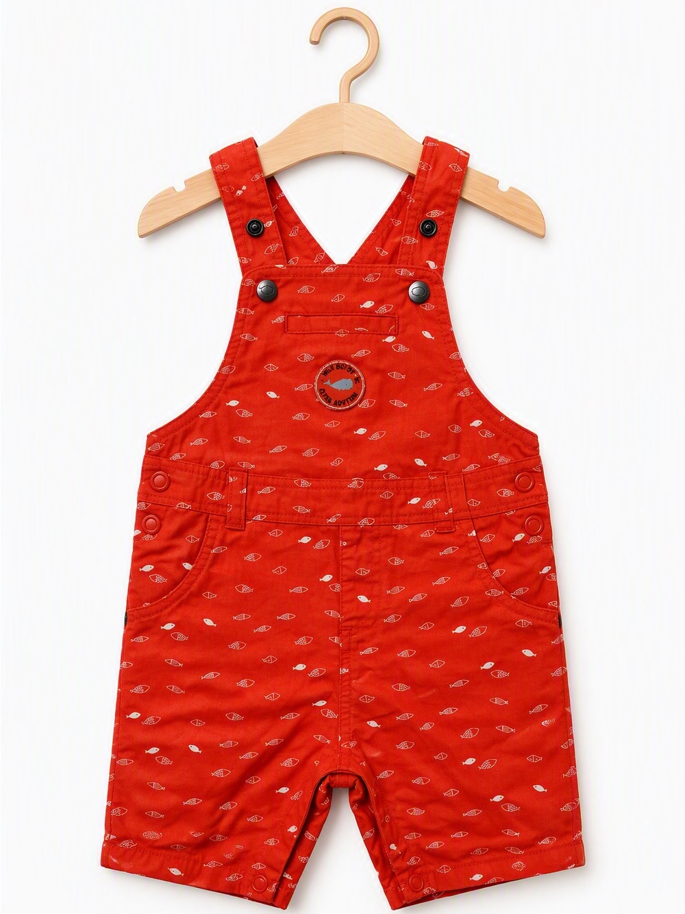 Orchestra Bébé French Red Woven Cotton Repeating Fish Print Shortall Overalls 9M